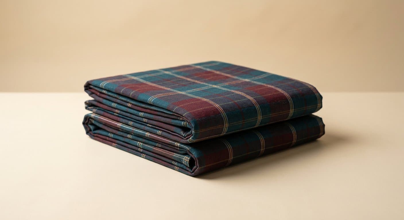 Neatly folded deep teal lungi on ivory backdrop