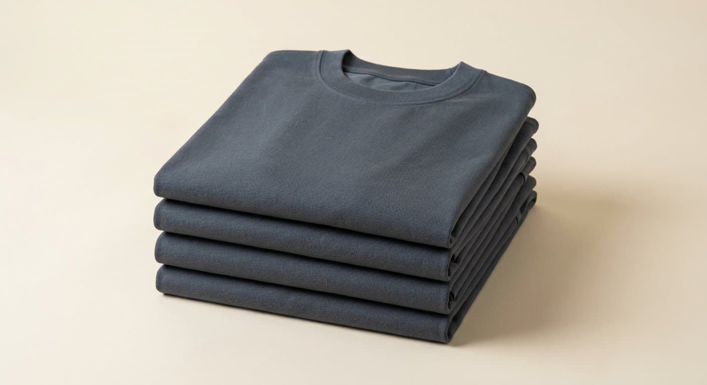 Folded slate grey premium t-shirt on ivory backdrop