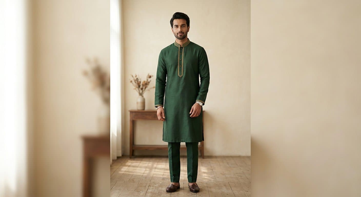PROSANTI — premium panjabi in deep forest green, editorial studio light