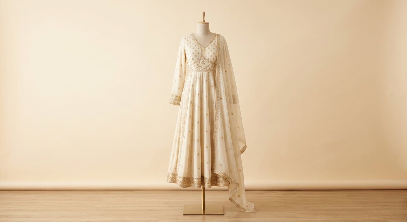 Cream anarkali dress on display form, ivory backdrop