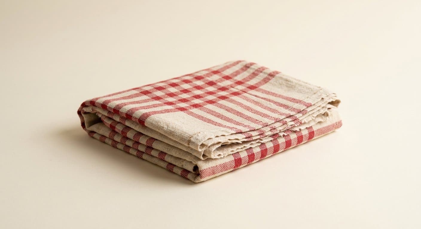 Folded traditional gamcha towels, red and cream check