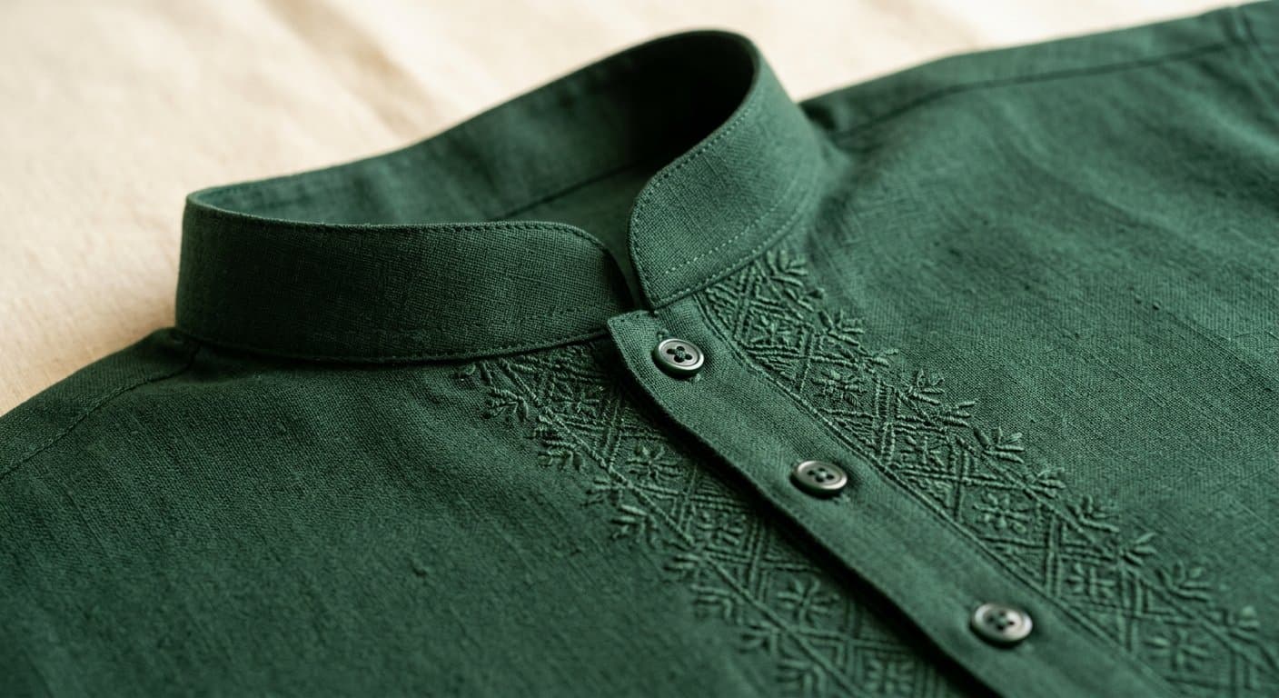 Close-up of tonal embroidery at the panjabi collar