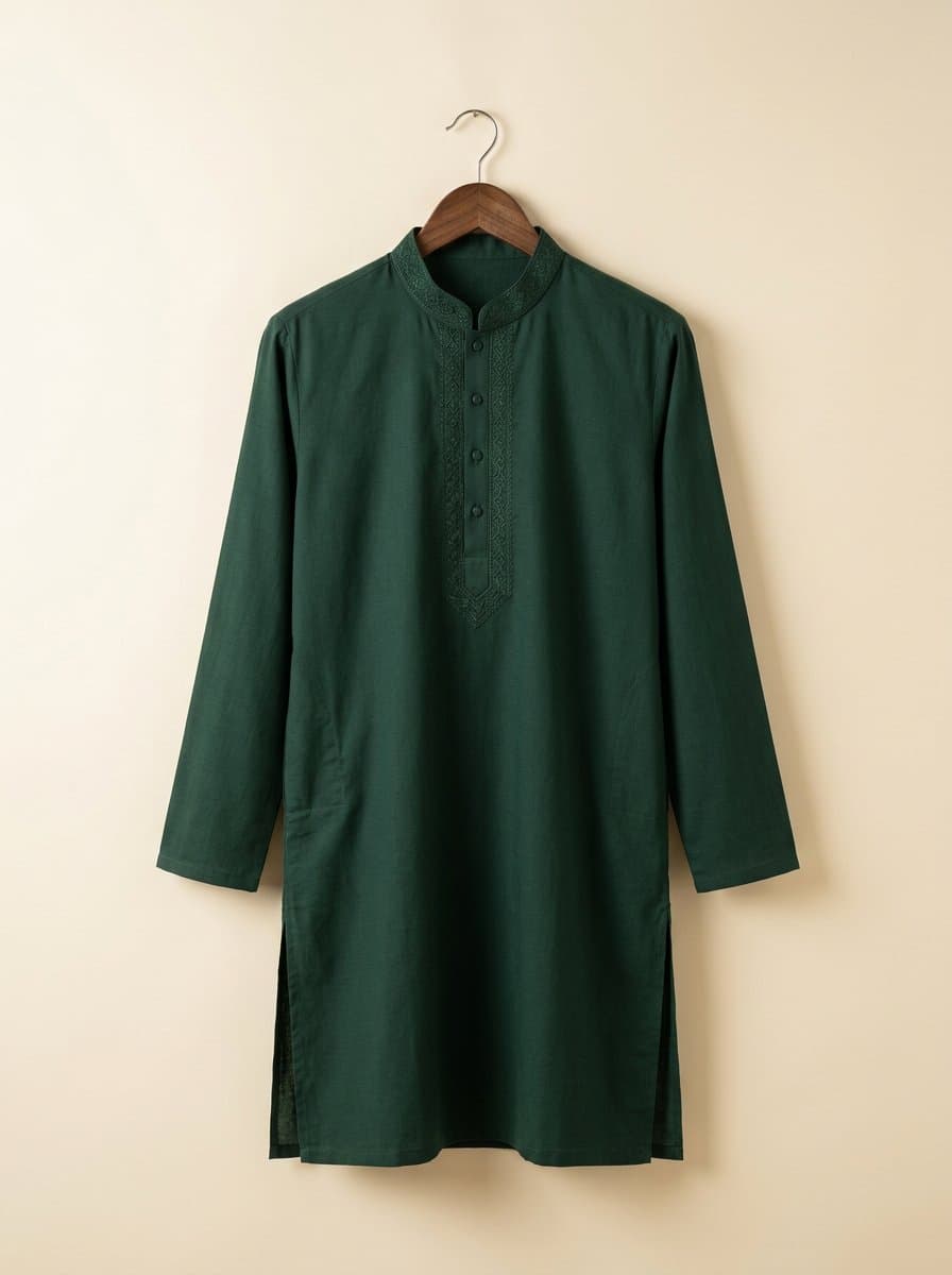 Heritage Green Panjabi on hanger, ivory studio backdrop