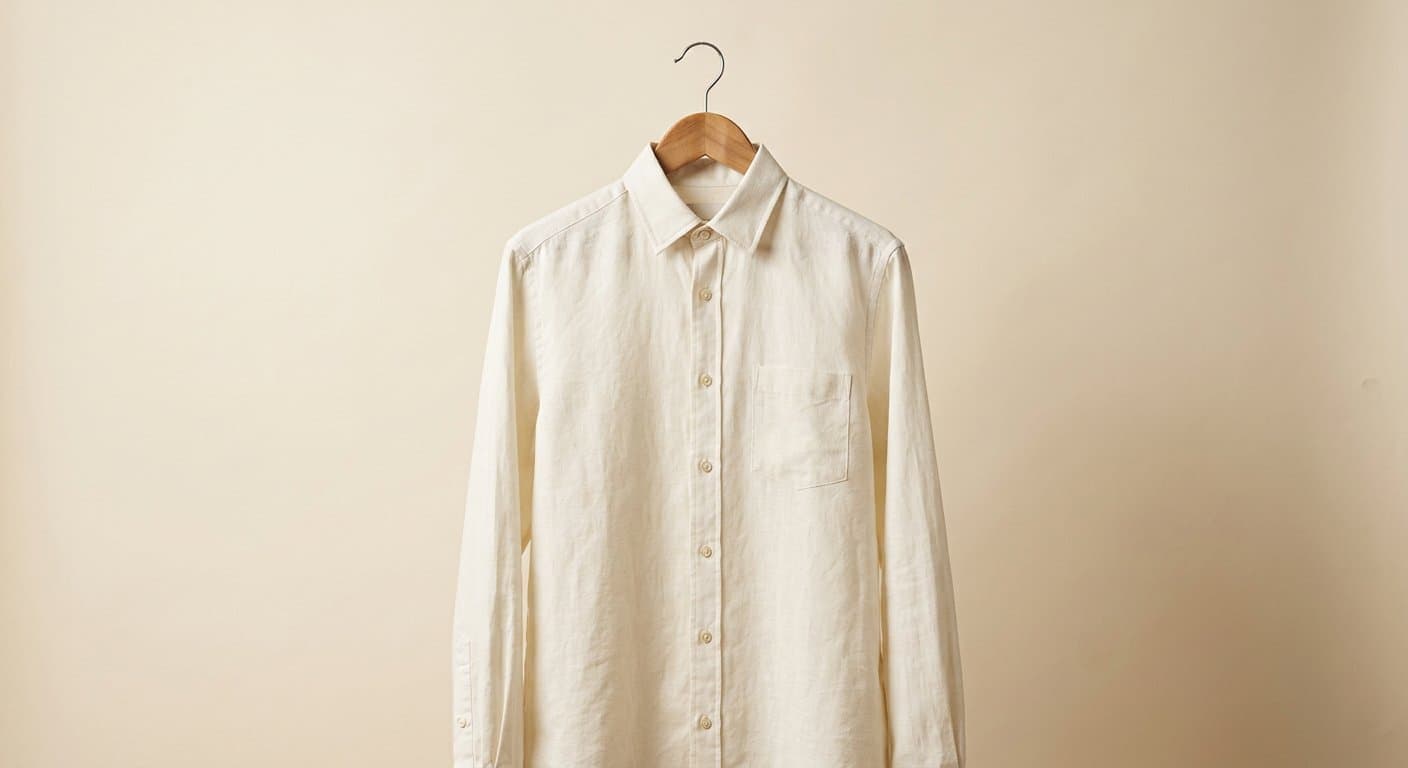 Ivory linen shirt on hanger against warm cream backdrop