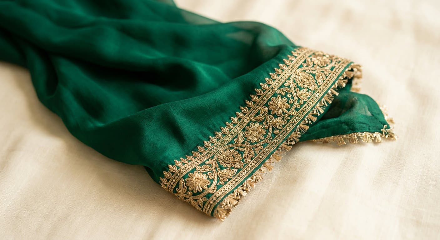 Hand-finished dupatta with fine gold zari border