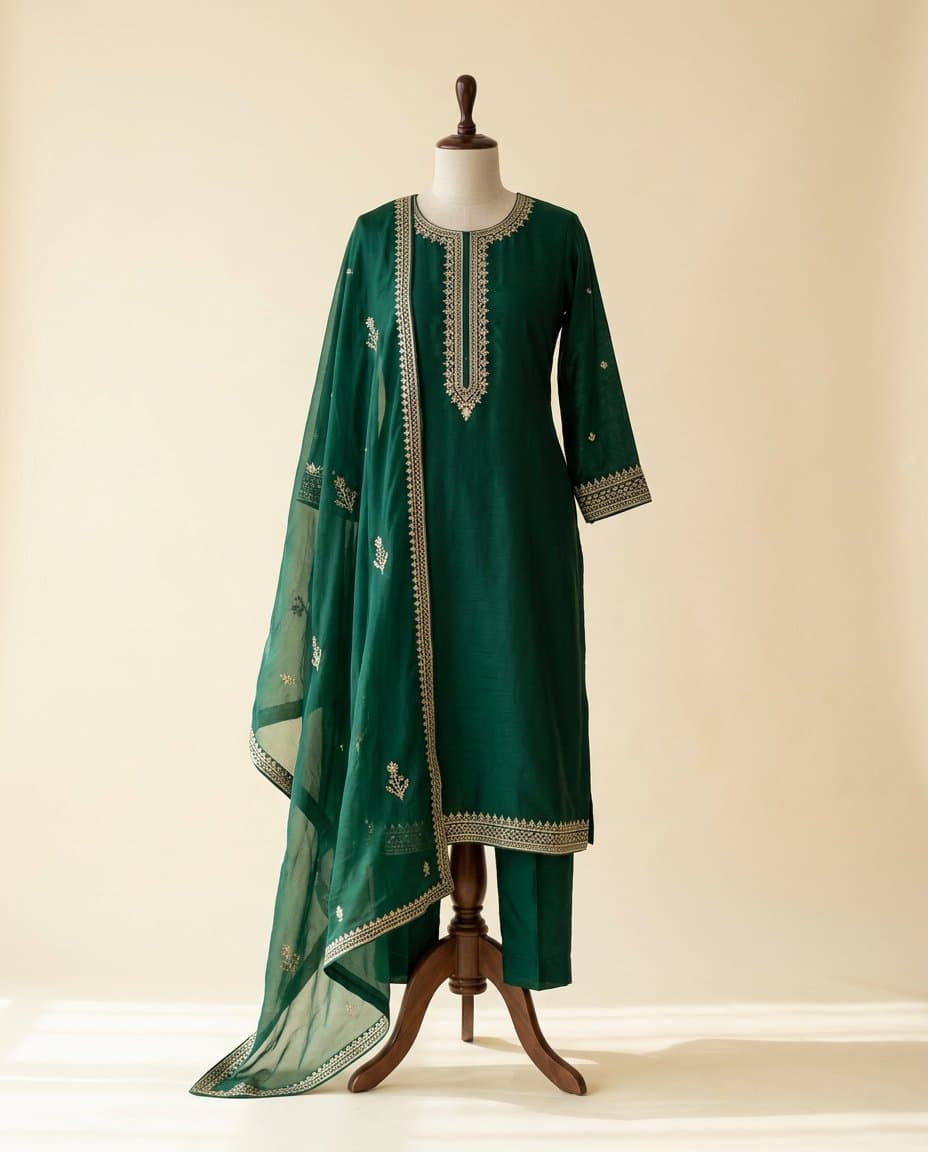 Emerald three-piece on display form, ivory backdrop